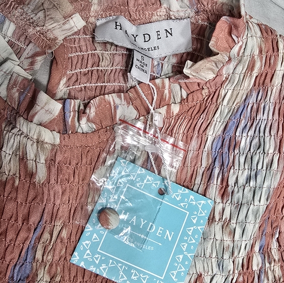 NWT Hayden Pink-Coral Watercolor Smocked Top Ruffled Top Women's Size Small - Picture 8 of 11